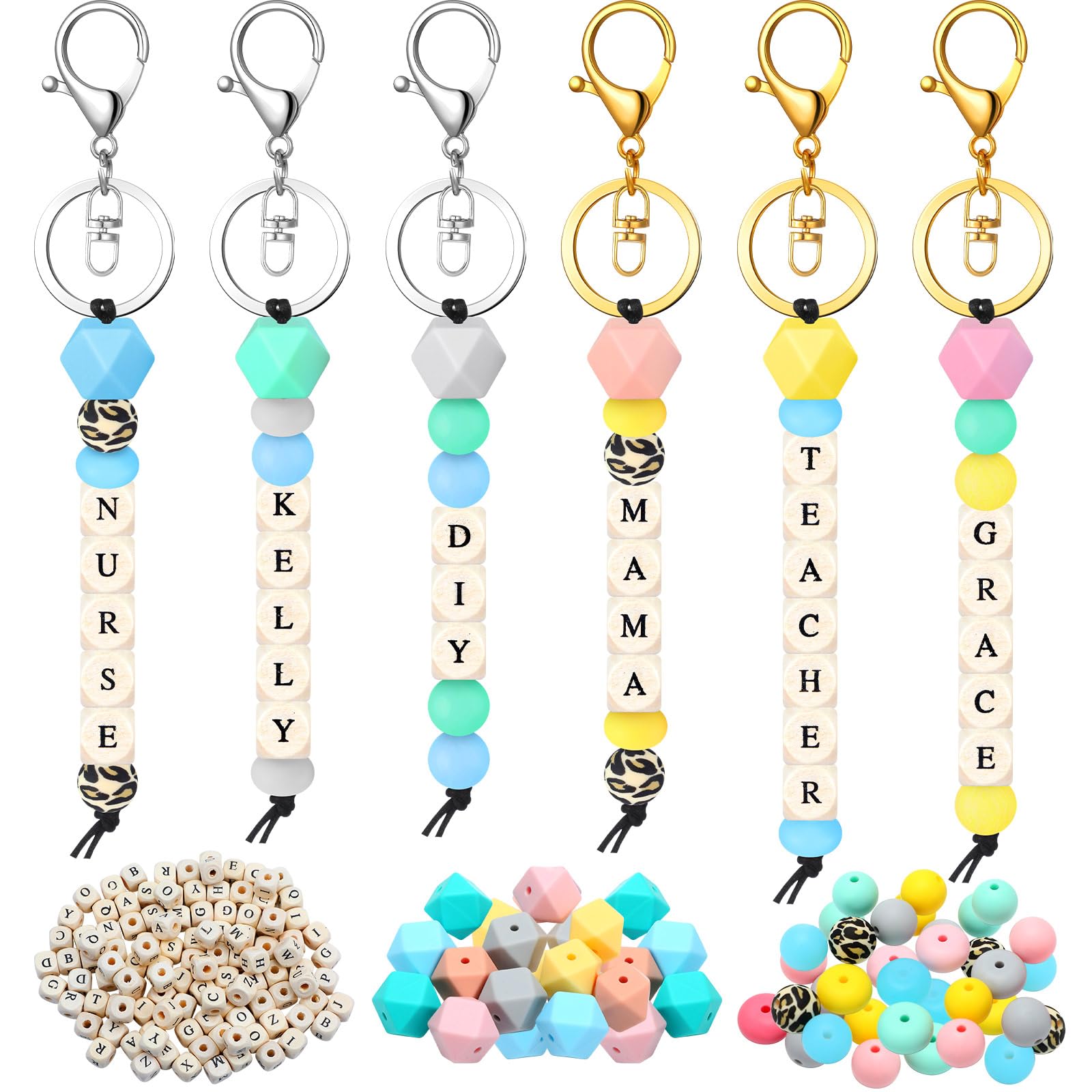Landical 342 Pcs DIY Bead Keychain Kit Colorful Silicone Bead Personalized Letter Jewelry for DIY Key Ring Women Teacher Gift(Cu