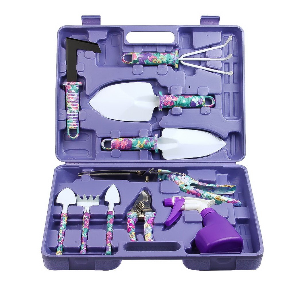 Garden Tools Set, JUMPHIGH 10 Pieces Gardening Tools with Purple Floral Print, Ergonomic Handle Trowel Rake Weeder Pruner Shears
