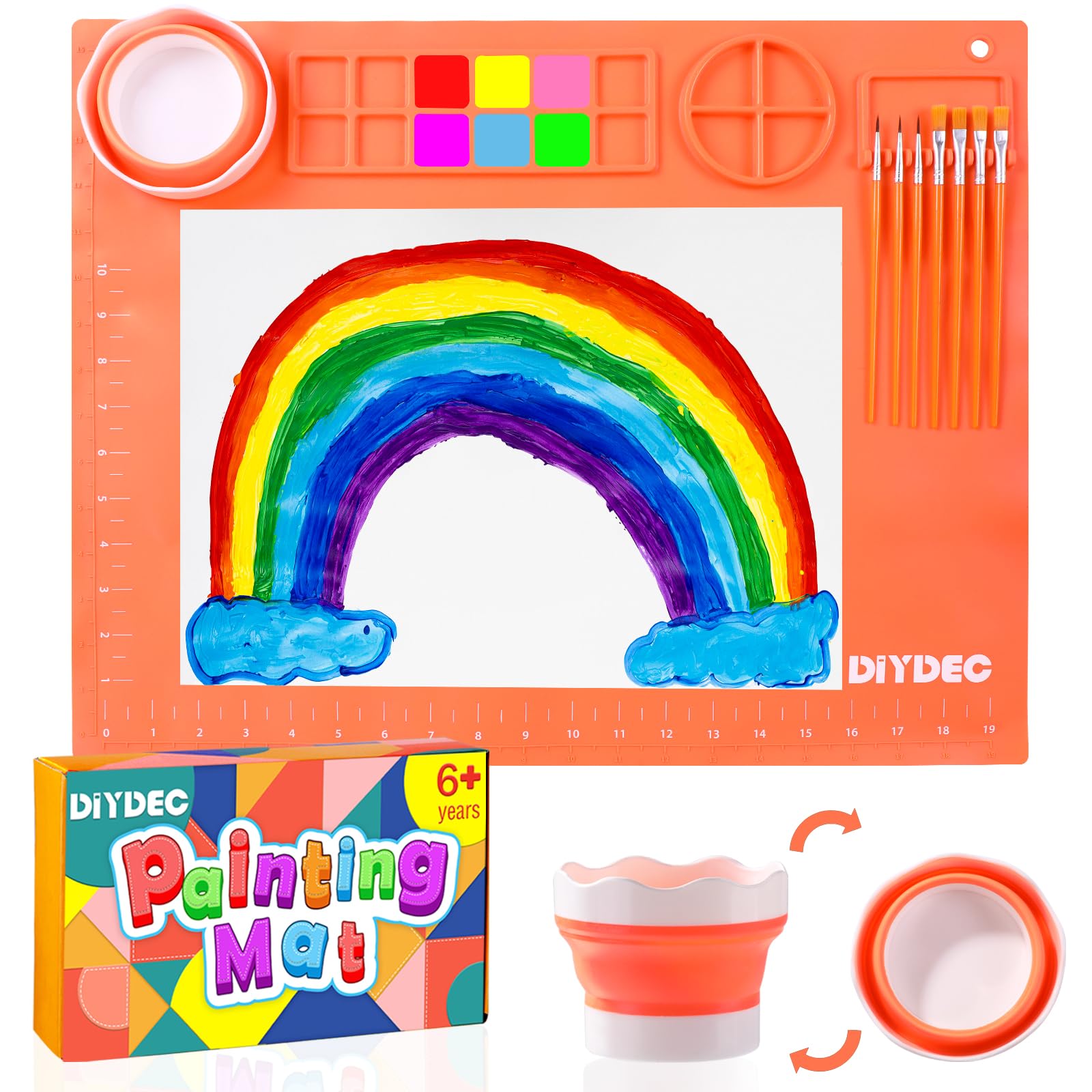 DIYDEC Silicone Craft Mat for Kids 20X16 Inch Large Painting Mat with Detachable Cup &10 Painting Brushes Silicone Art Mat for B