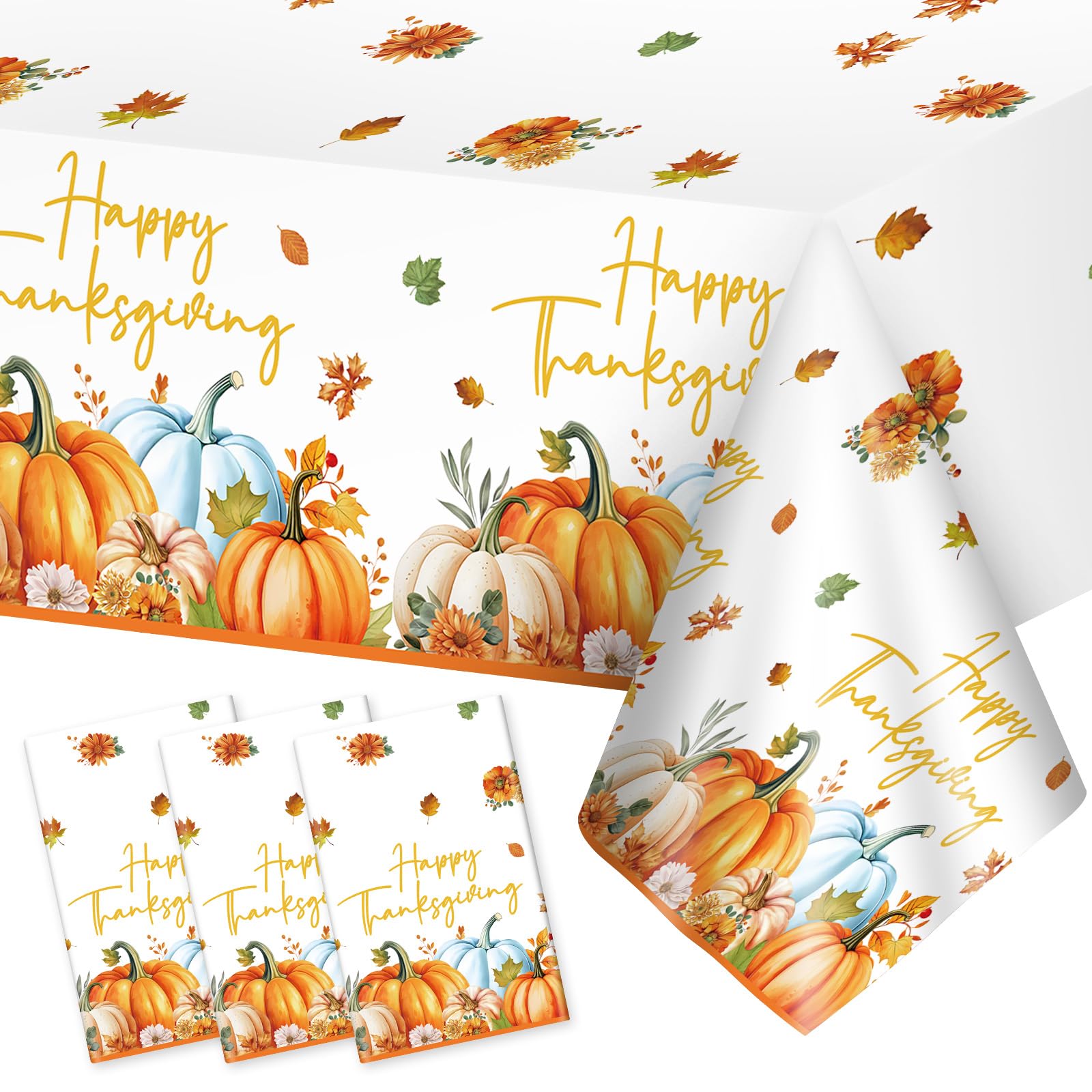 3 Pcs Happy Thanksgiving Plastic Tablecloth - Watercolor Fall Table Cloth, Disposable Rectangle Autumn Pumpkin Maple Leaves Tabl