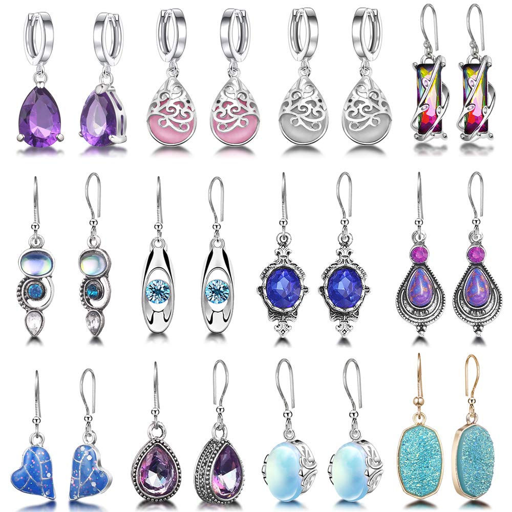 12 Pairs Teardrop Druse Crystal Drop Dangle Earrings for Women Cubic Zirconia Huggie Hoop Earring Jewelry Set Christmas Gifts (1