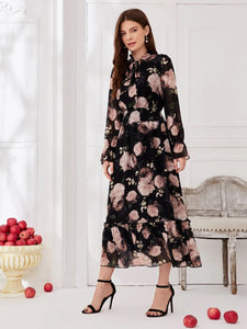 Gosriki Women'S Georgette Floral Print Tie Neck Shirred Waist Dress (Avpti-Black-Dress_Xl-Gs_Black_X-Large),Black,,B0BRV4VGG4