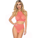 2Pc Crochet Lace Halter Crop T - Med/Lge / Coral