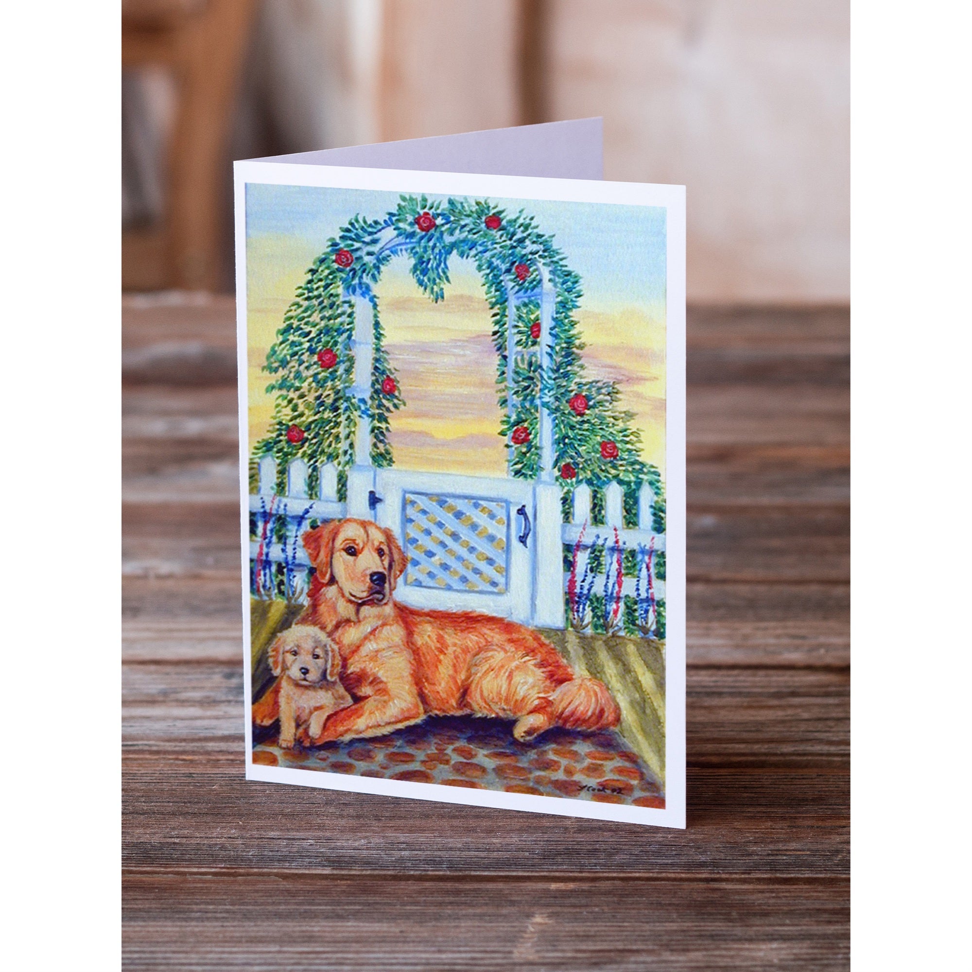 Golden Retriever And Puppy At The Fence Greeting Cards And Envelopes Pack Of 8