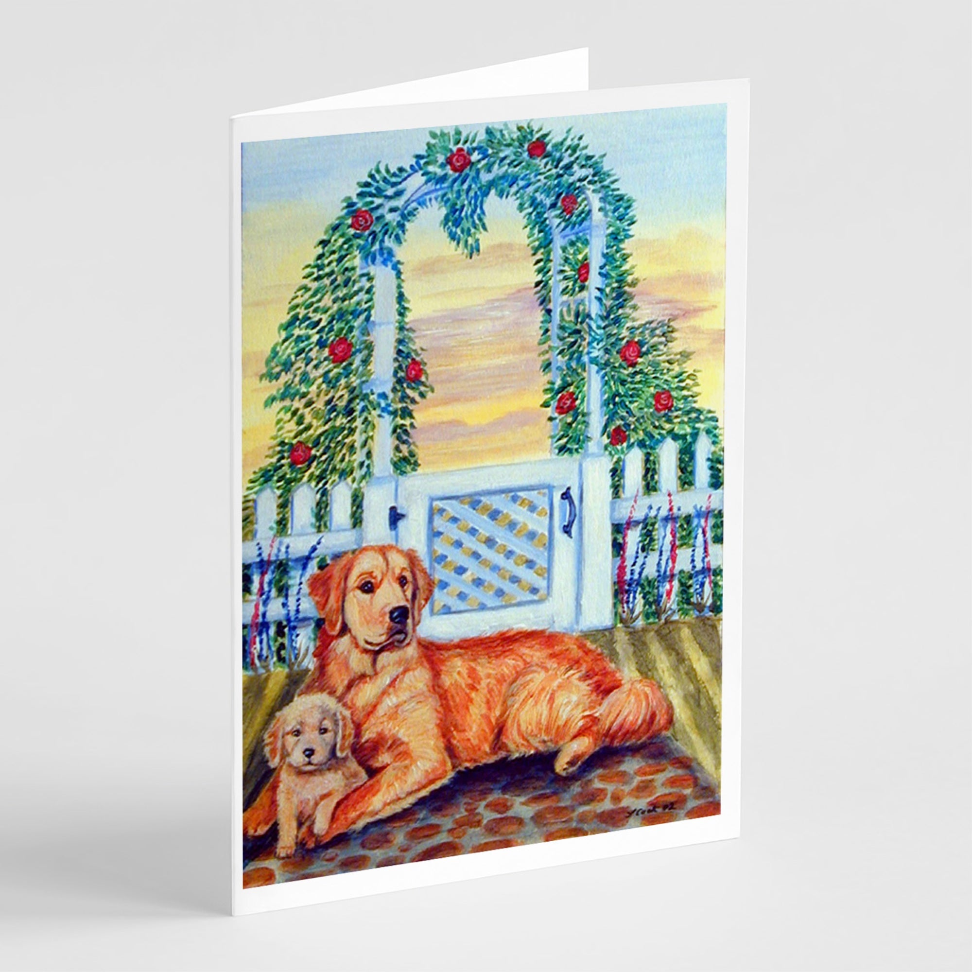 Golden Retriever And Puppy At The Fence Greeting Cards And Envelopes Pack Of 8