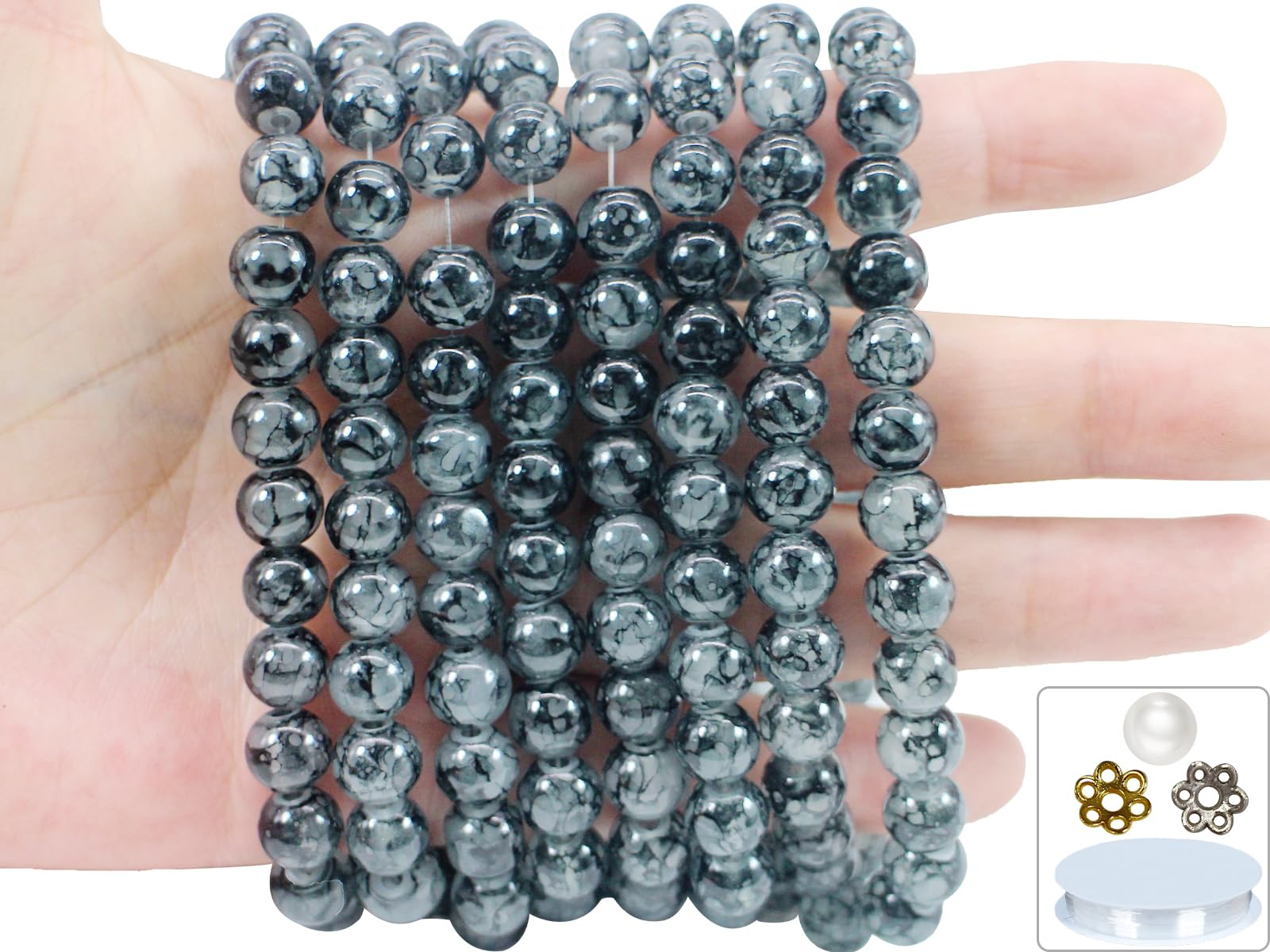 Pamir Tong 550PCS 8mm Black Glass Beads for Jewelry Making,Round Smooth Beads, Bracelet Space Loose Beads for Jewelry Making Ear