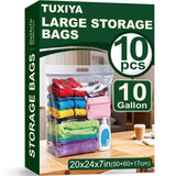 TUXIYA 10 PACK Extra Large Storage Bags, 10 Gallon 24x20x7, Resealable Clear Bags with Handle, XL Heavy Duty for Clothes Travel 