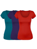 Emmalise Womens Short Sleeve Tshirt Scoop Neck Tee Value Set (3Pk, Deep Jungle, Purple, Red, Large)