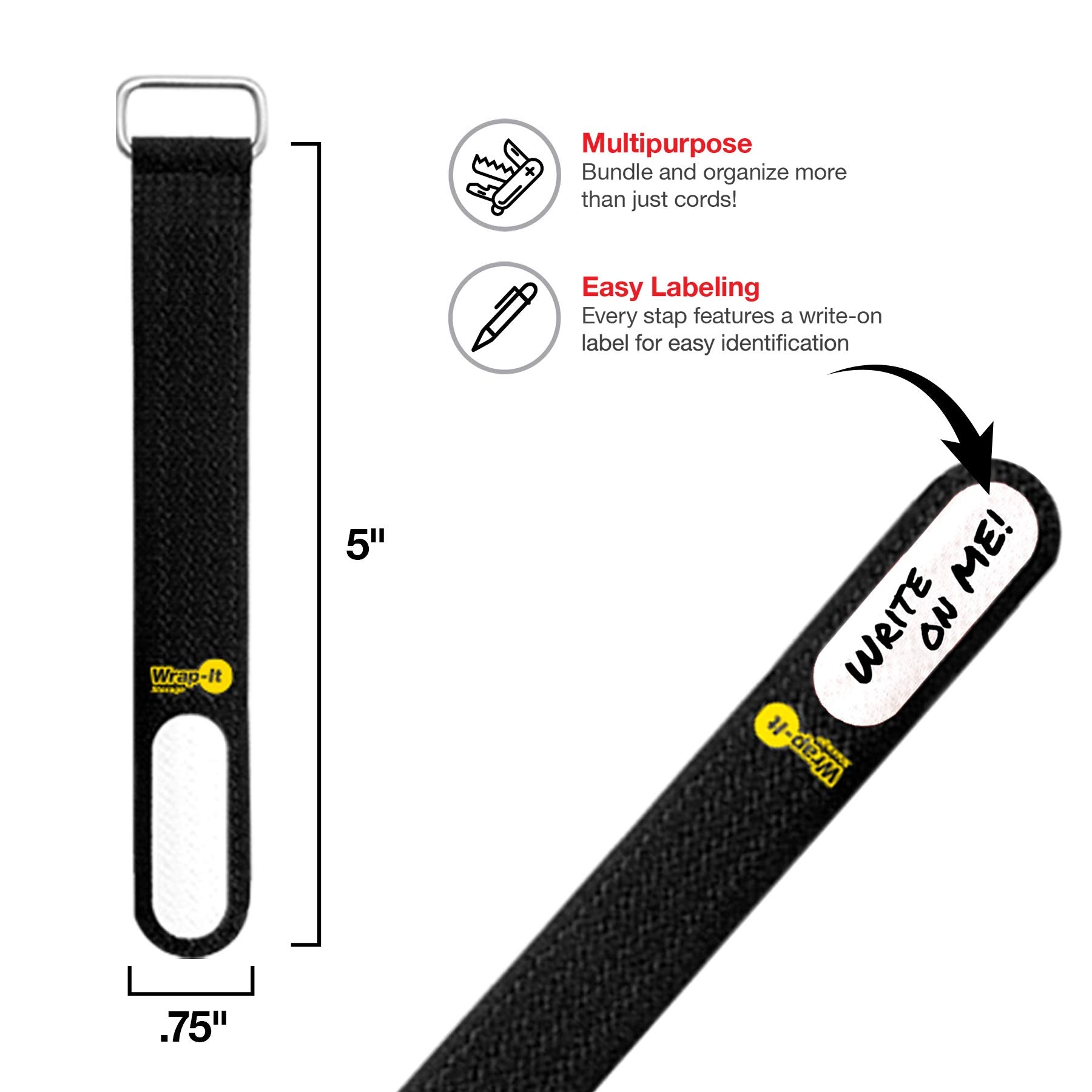 Wrap-It Storage Cinch-Straps, 5-in (20-Pack) Black - Hook and Loop Strap with Write on Label for Easy Cord Identification and Ca