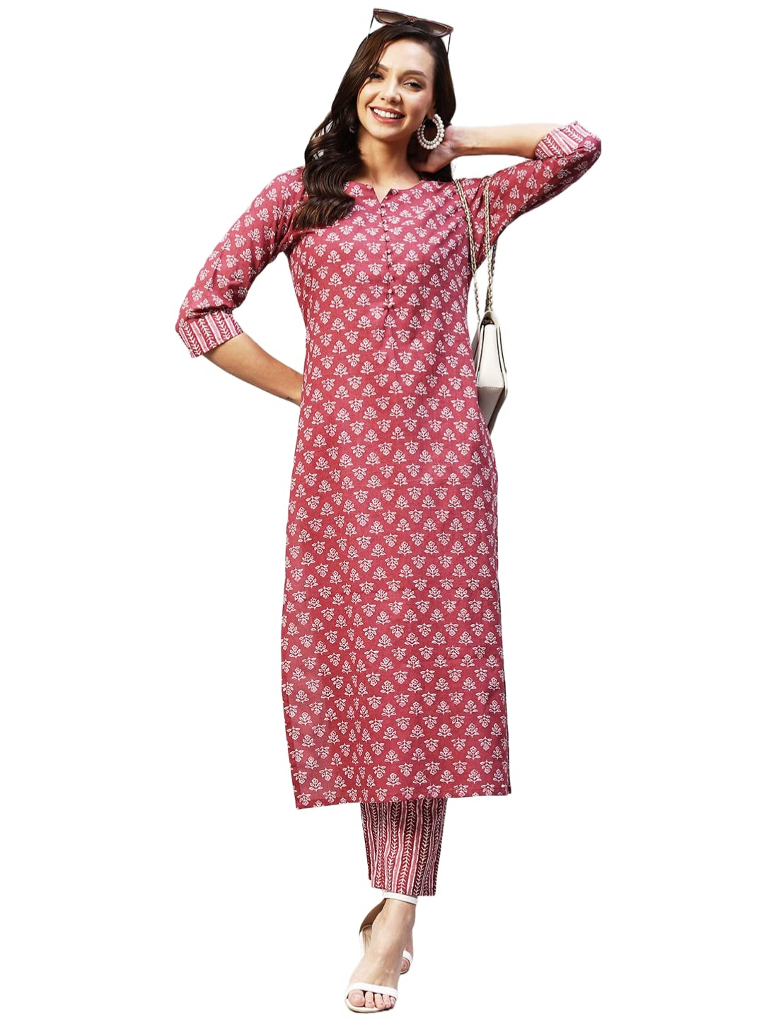 Gosriki Women'S Cotton Blend Straight Printed Kurta With Palazzo (Gapati Maroon_Xxl-Go_Maroon_Xx-Large),Maroon,2,B0B9Y2WSSK