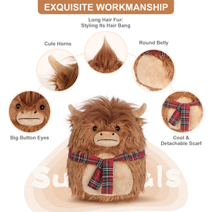SuzziPals 14'' Highland Cow Stuffed Animals Plush Pillows, Scarf Scottish Highland Cattle Plushies, Soft Stuffed Cow Plush Toys