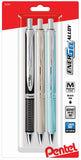 Pentel Energel 0.7mm Alloy Rt Retractable Gel Ink Pens - Pack of 3 - Black, Silver and Aquamarine Colored Metal Barrels