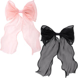 STSTR 2Pcs Large Hair Bow Clips, Pink Black Silk Yarn Ribbon Bow Hair Barrette for Women, Elegant Long Tail Bowknot French Hair 