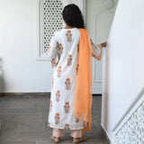 Anni Designer Women'S Cotton Blend Straight Printed Kurta With Pant & Dupatta (Saganeri-Orange_Xxl_Orange_Xx-Large),Orange,2XL,Cotton Blend,Regular,