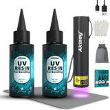 Akisey UV Resin Kit with Light, 100g UV Resin with Rechargeable 395NM UV Flashlight, Fast Curing in Seconds, UV Glue Adhesive fo