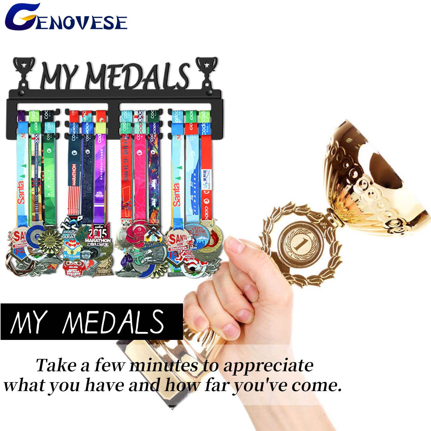 GENOVESE My Medals Holder Display Hanger Rack Frame,Black Sturdy Steel Metal,Wall Mounted Over 50 Medals Easy to Install