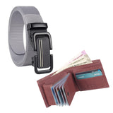 Usl Nylon Belt And Artificial Leather Wallet Combo Set With Black Metal Autolock Frame Buckle (Grey Brown, Free)