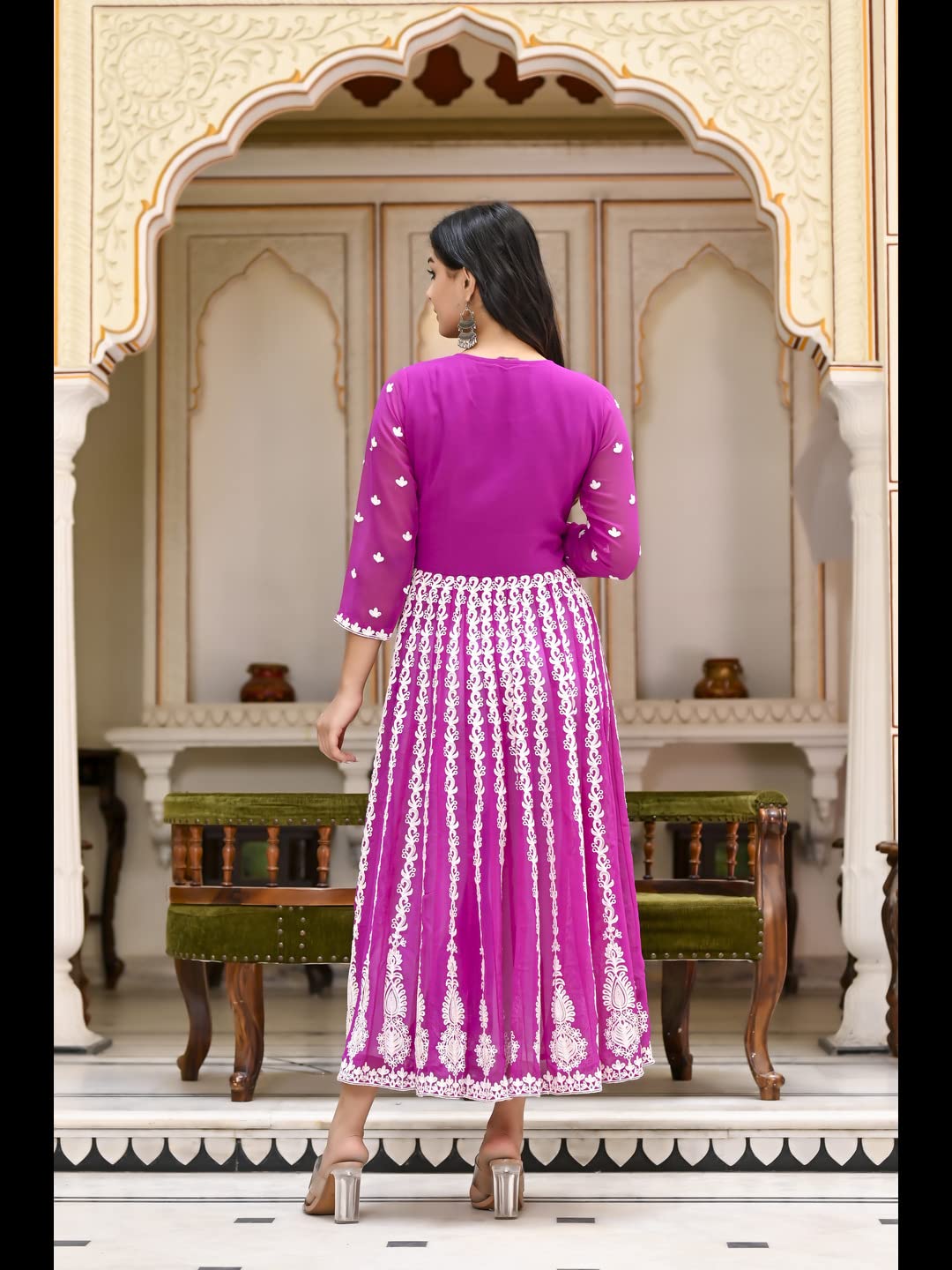 Anni Designer Women'S Georgette Chikankari Embroidered Anarkali Kurti (Kari Pink-Cmd_L_Dark Pink_Large),Pink,L,Georgette,Anarkali,