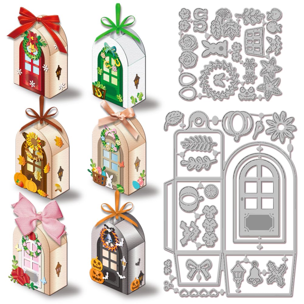 GLOBLELAND 3D Holiday Door Box Cutting Dies for Card Making Christmas Gift Box Frame Cut Die for Thanksgiving Day DIY Scrapbooki