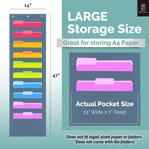 Hippo Creation Blue Pocket Chart for Classroom - 10 Pocket Storage Black Pocket Charts, 3 Over Door Hangers Included, Hanging Wa