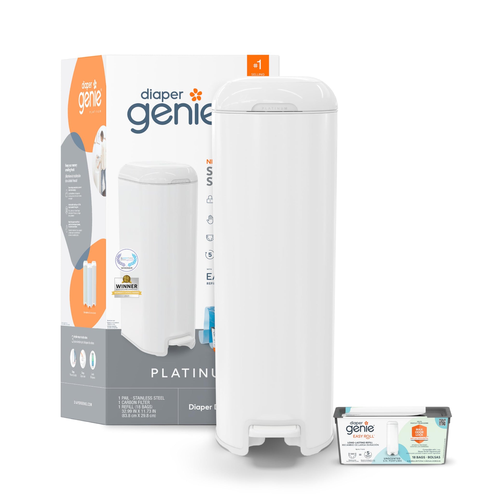Diaper Genie Platinum Pail (Lilly White) is Made of Durable Stainless Steel and Includes 1 Easy Roll Refill with 18 Bags That ca