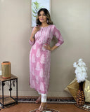 Anni Designer Women'S Cotton Blend Printed Straight Kurta With Pant (Oni101 White_L_Pink_Large),Pink,L,Cotton Blend,Regular,Pants