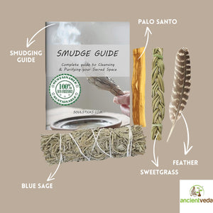 Ancient VEDA Sage Smudge Kit | USDA Organic Blue Sage, Sweetgrass, & Palo Santo Sticks Smudging Kit for Meditation, Yoga, Reiki,