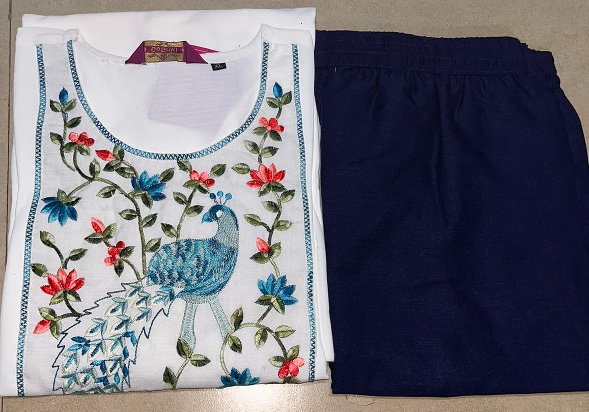 Anni Designer Women'S Cotton Blend Floral Straight Kurta With Pant (Dona-All Designs_White_X-Large),White,XL,Cotton Blend,Regular,Pants