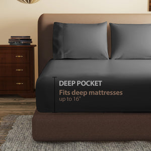 100% Egyptian Cotton Fitted Sheet Twin Size Black, 600 Thread Count, 8-16 Deep Pocket Sheet, Soft & Elastic Sateen Weave Botto