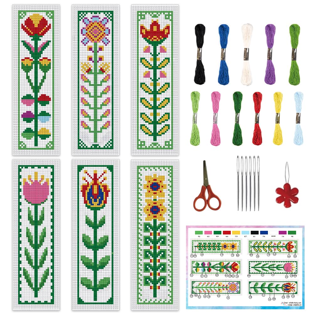 INFUNLY 6pcs DIY Flower Cross Stitch Bookmark Kits for Beginners 2.4x7.9 Colourful Flowers Stamped Embroidery Bookmark Kits 