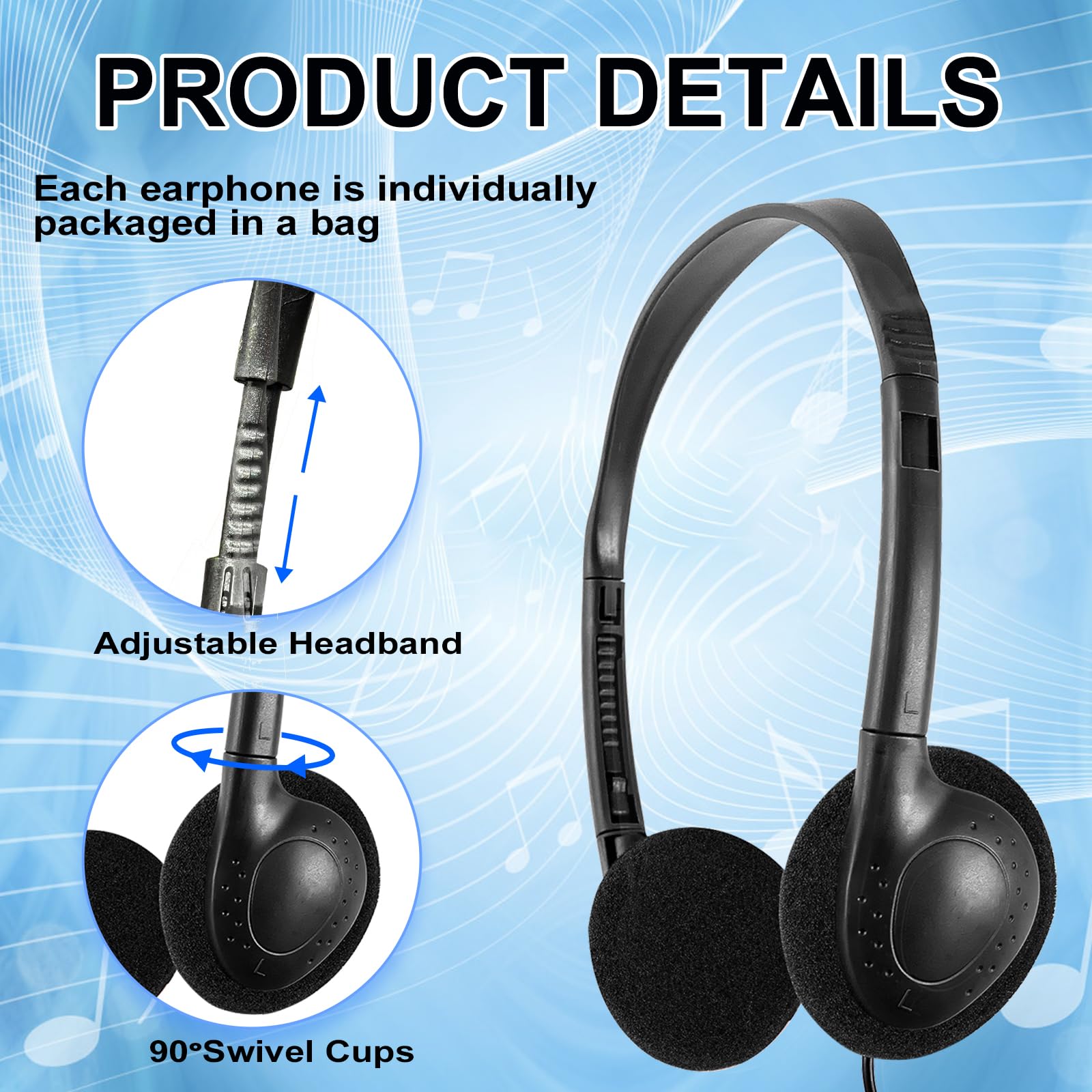 CN-Outlet 10 Packs School Headphones Bulk for Classroom Students Kids Children Toddler Boys Girls Teens and Adult (10 Black)