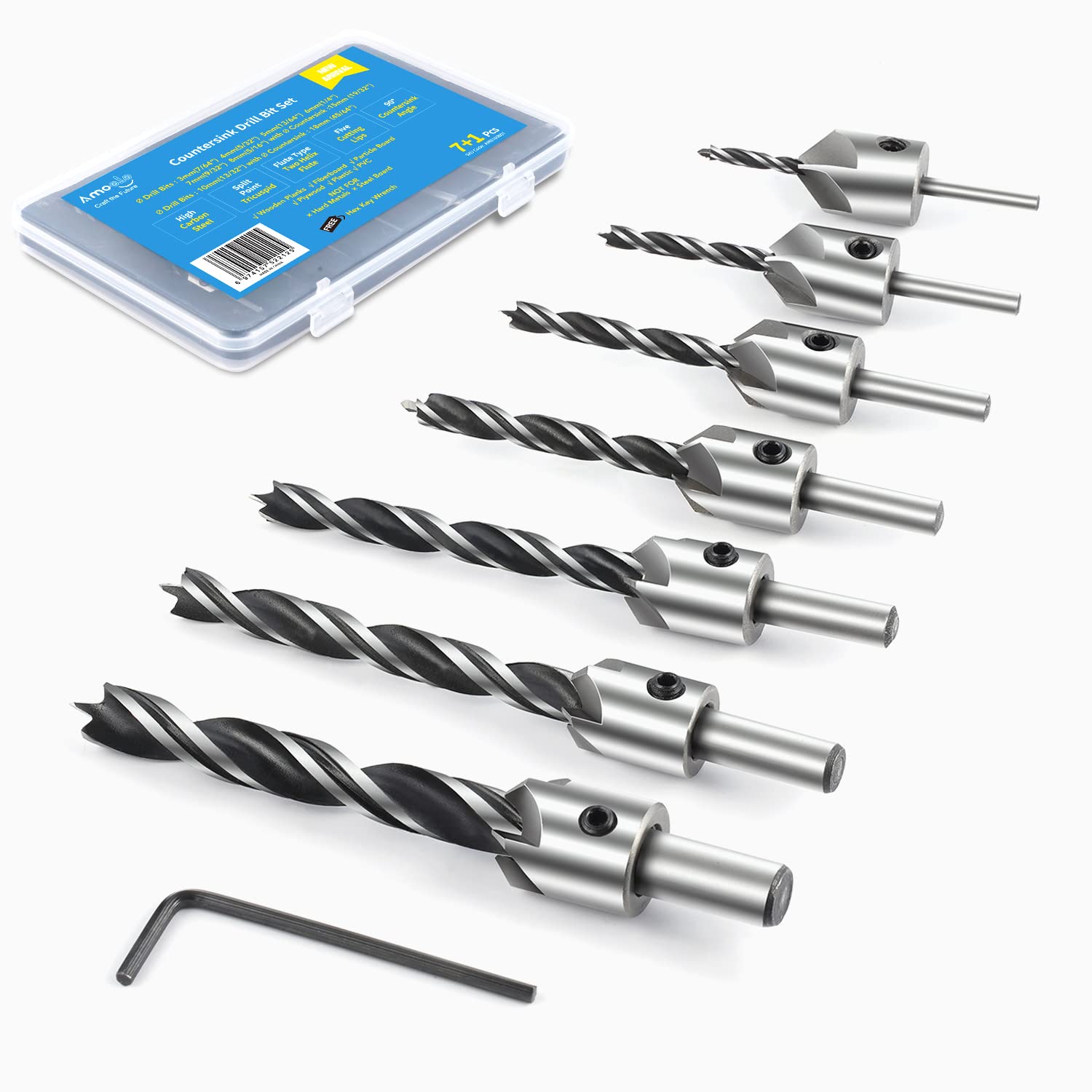 Amoolo Countersink Drill Bits Set 7Pcs, Counter Sink Drill Bit For Wood, Woodworking High Carbon Steel Carpentry Bit With Chamfe
