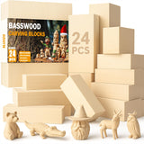 Basswood Carving Blocks 24PCS: Whittling Wood Blocks Wood Carving Kit with 3 Different Sizes - Soft Woodworking Blanks for Craft