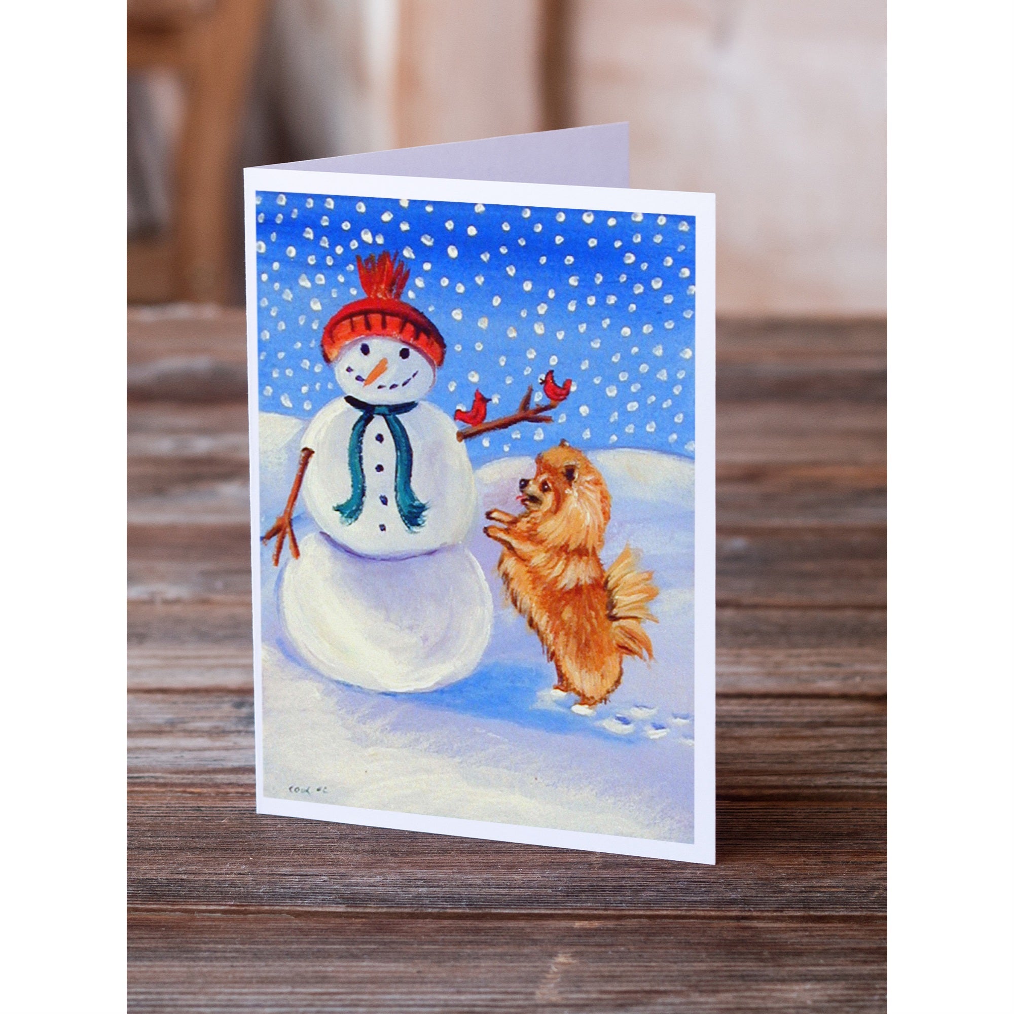 Snowman With Pomeranian Winter Snowman Greeting Cards And Envelopes Pack Of 8