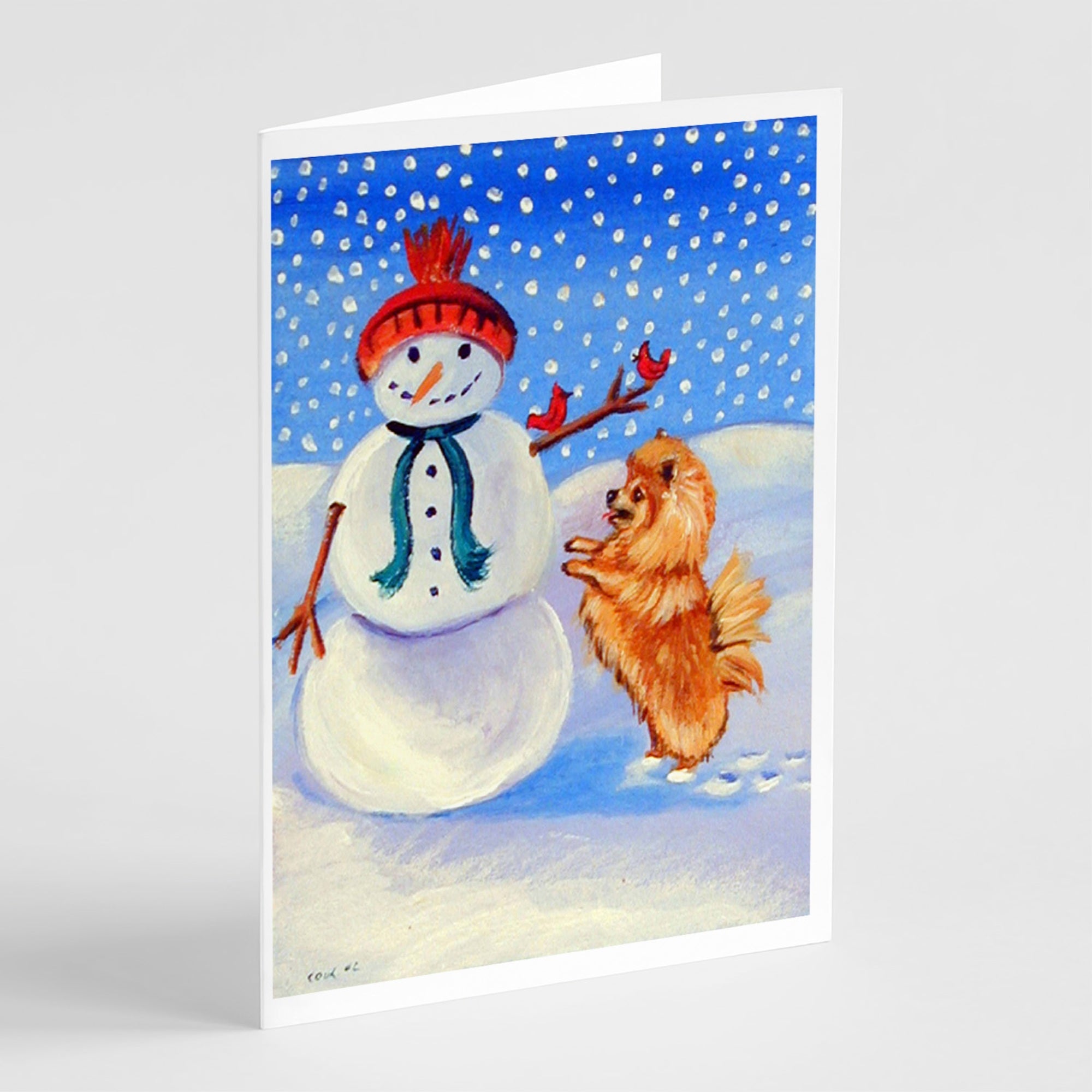 Snowman With Pomeranian Winter Snowman Greeting Cards And Envelopes Pack Of 8