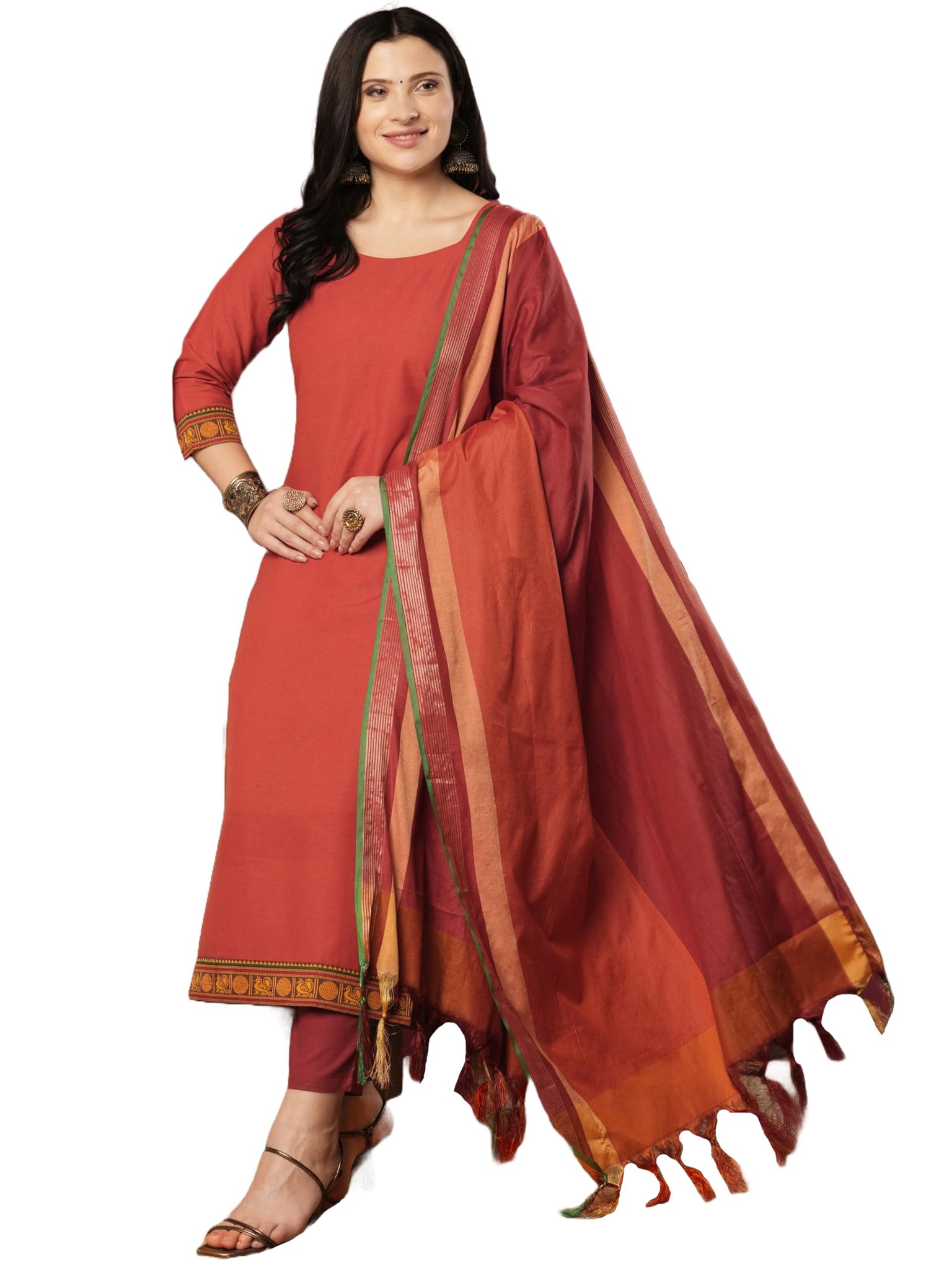 Anni Designer Women'S Rayon Viscose Solid Straight Kurta With Pant & Dupatta (Shamshera Orange-Vks01_M_Orange_Medium),Orange,M