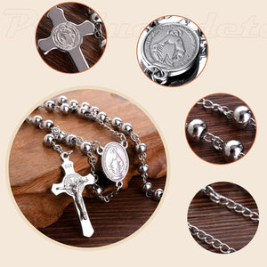 30 Stainless Steel Rosary Beads Necklace 6mm Silver Color with Jesus Christ Crucifix Cross
