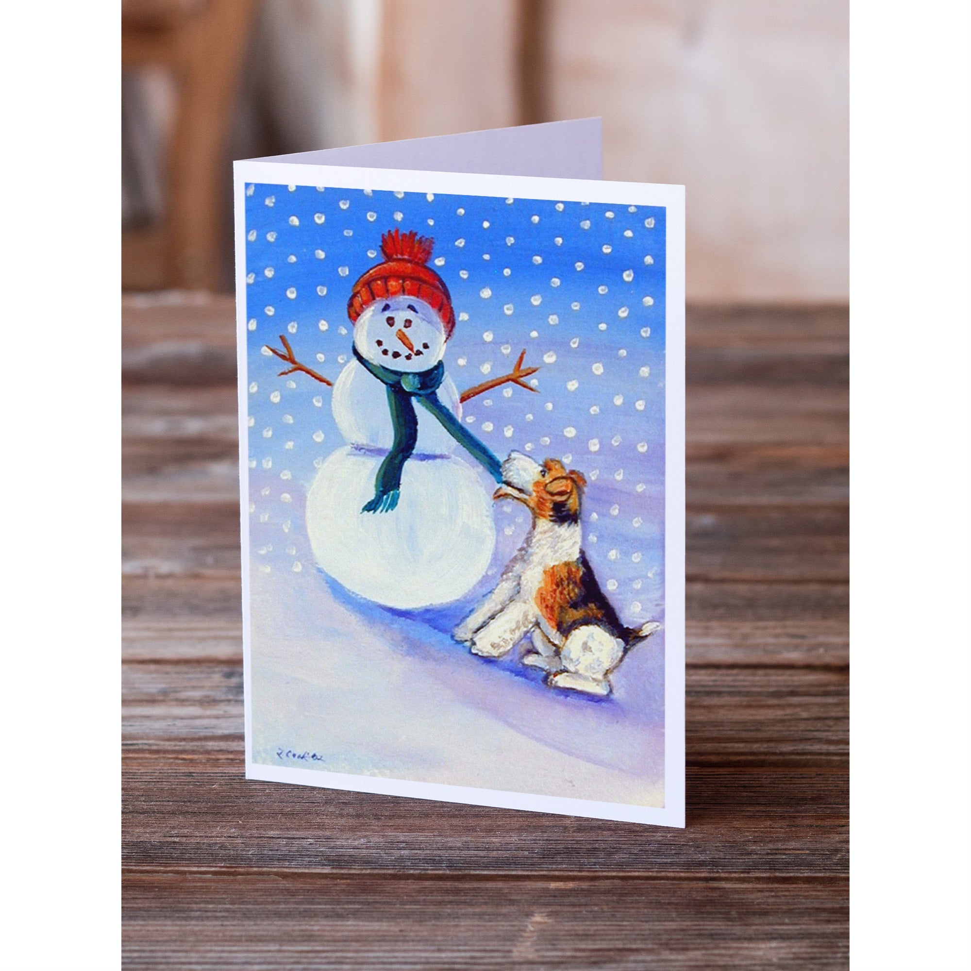 Snowman With Fox Terrier Greeting Cards And Envelopes Pack Of 8