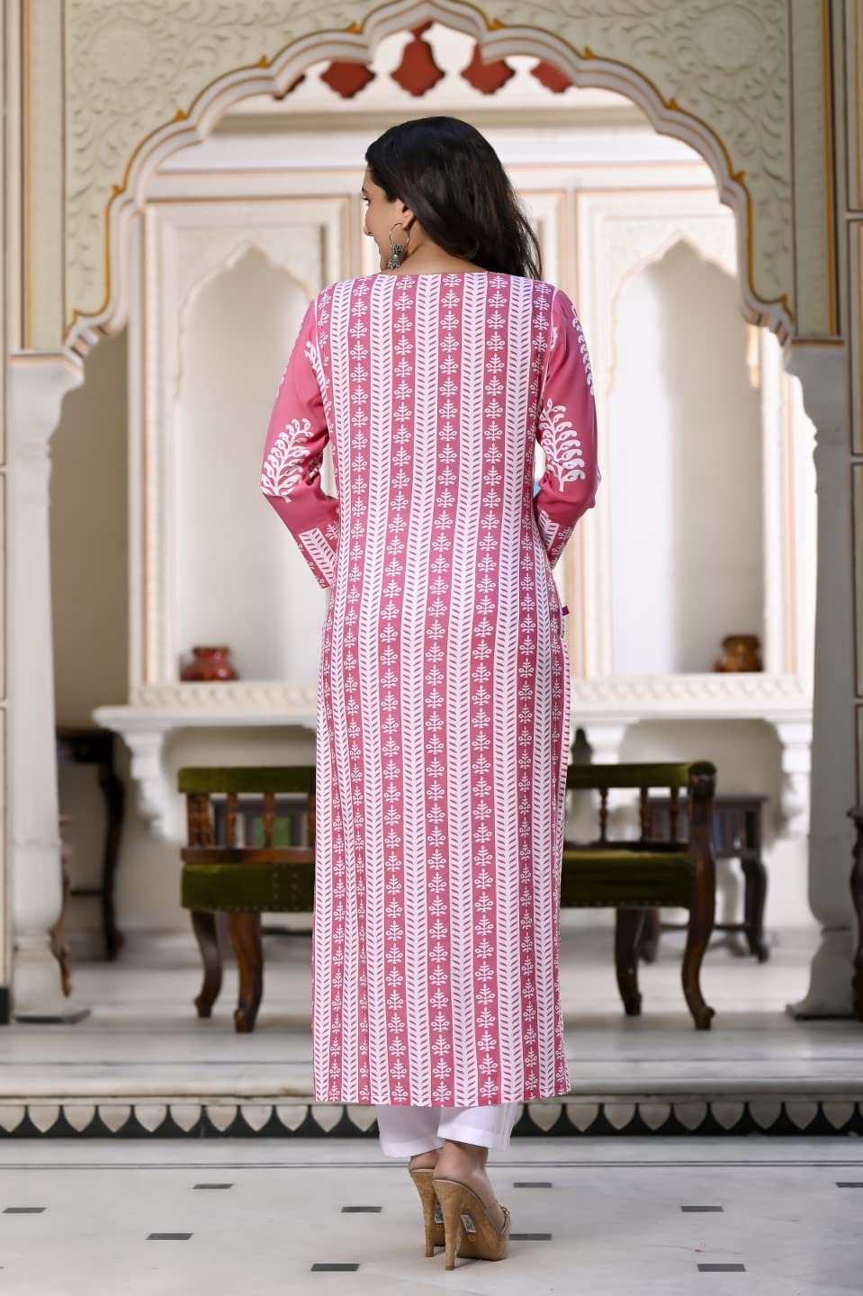 Anni Designer Women'S Rayon Printed Straight Kurta (Oni101 White-Snw_L_Pink_Large),Pink,L,Rayon,Regular,