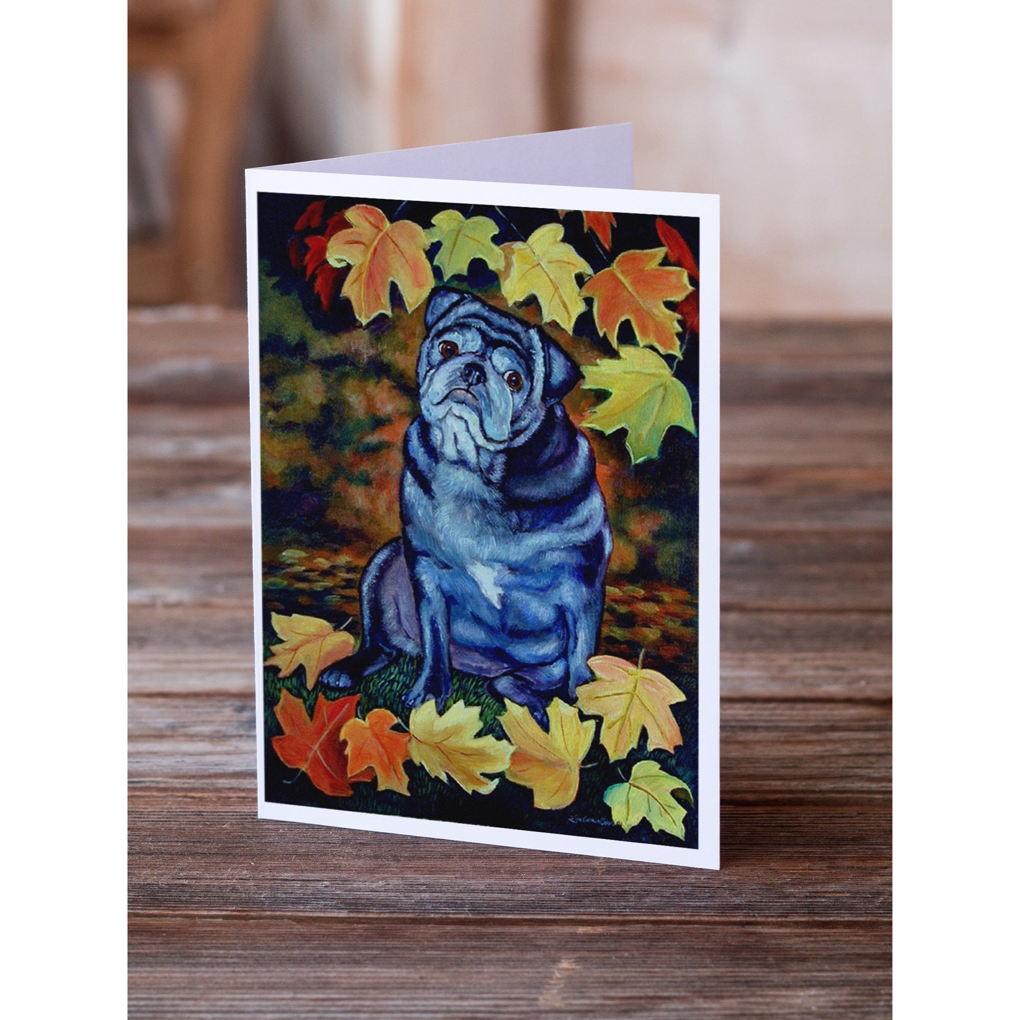 Old Black Pug In Fall Leaves Greeting Cards And Envelopes Pack Of 8