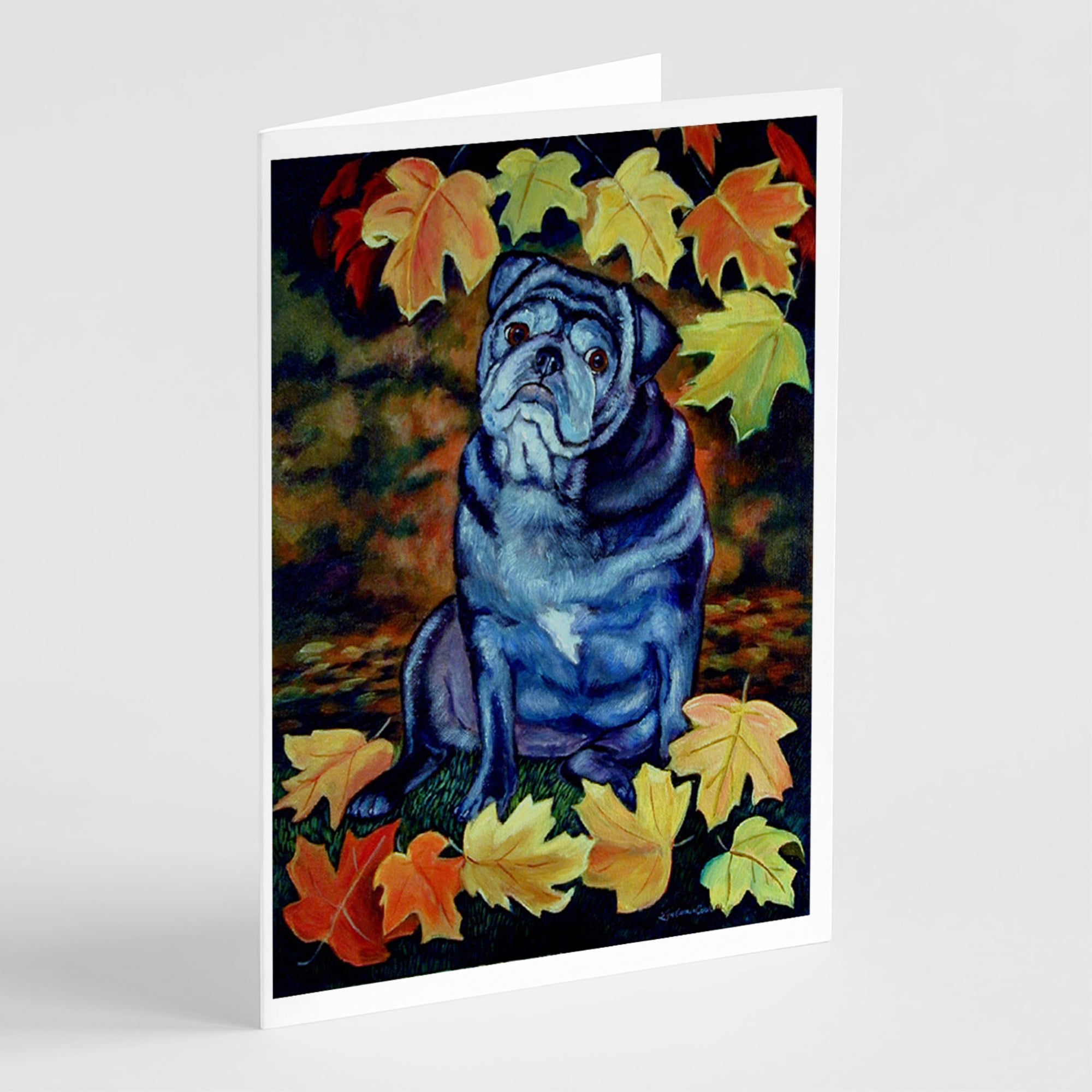 Old Black Pug In Fall Leaves Greeting Cards And Envelopes Pack Of 8
