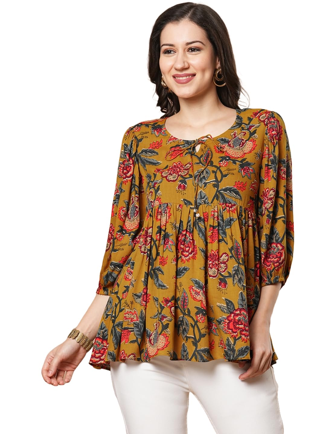 Anni Designer Women'S Tunics Tops Rayon Viscose Printed Short Top For Women (Silvi Yellow_Xxl_Yellow_Xx-Large),Yellow,2XL,,,