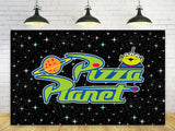 Basifoto Pizza Planet Backdrop for Birthday Party Decorations Outspace Background for Baby Shower Party Cake Table Decorations Supplies Toy Story Theme Banner 5x3ft