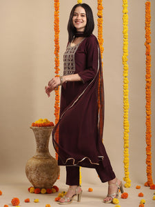 Gosriki Women'S Rayon Blend Straight Embroidered Kurta With Pant & Dupatta (Togas Wine-Gs_S_Wine_Small),Wine,,B0DHQKGRS4
