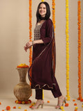 Anni Designer Women'S Rayon Blend Straight Embroidered Kurta With Pant & Dupatta (Togas Wine_Xxl_Wine_Xx-Large),Wine,2XL,Rayon Blend,Regular,