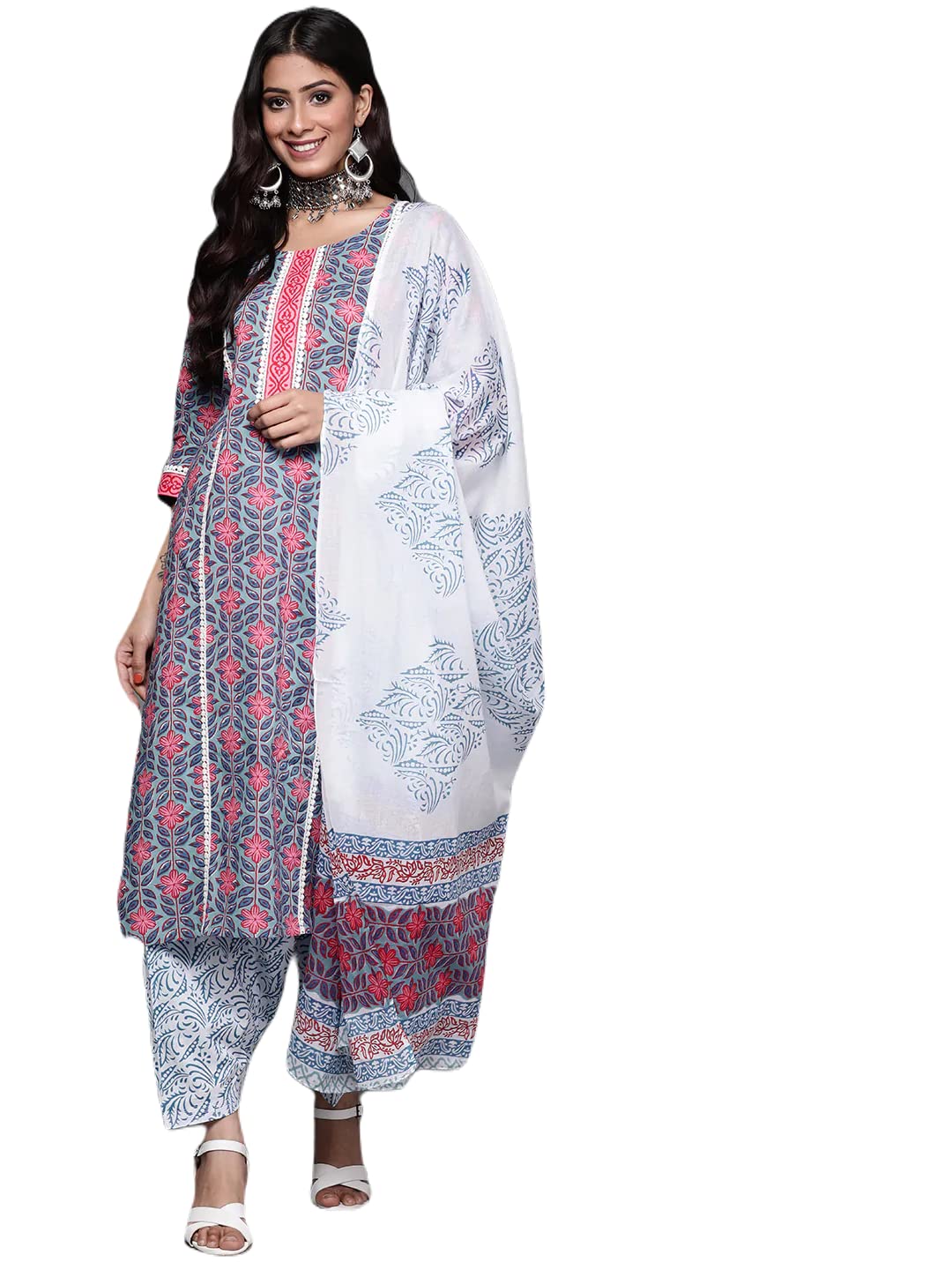 Anni Designer Women'S Cotton Blend Straight Printed Kurta With Pant & Dupatta (Uvesh Grey_Xxl_Grey_Xx-Large),Grey,2XL