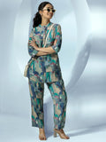Libas Womens Printed Silk Blend Co-Ord Set For Women Blue M 49196