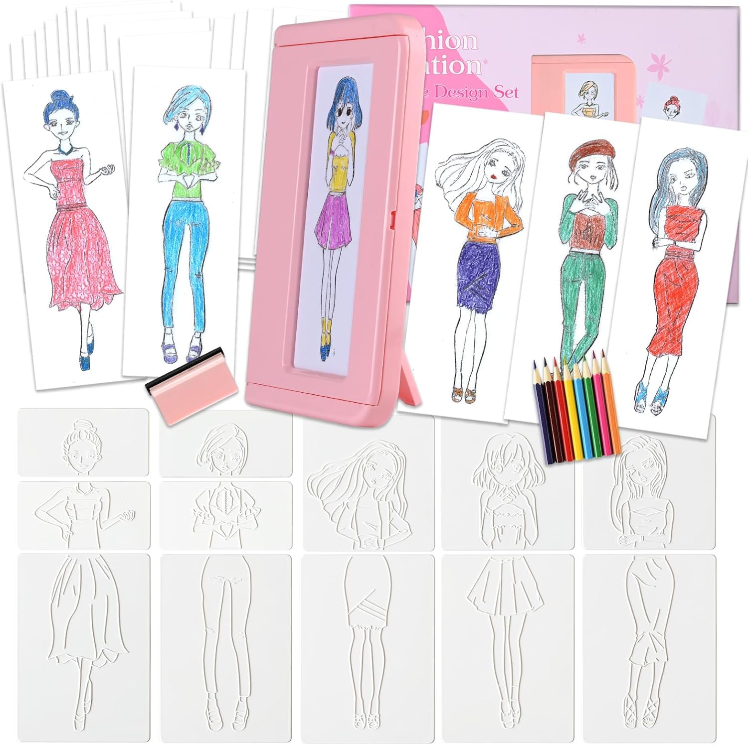 Pink Fashion Design Drawing Kit for Girls, 15 Double-Sided Rubbing Plates with Crayons, Colored Pencils, Paper & Display Frame, 