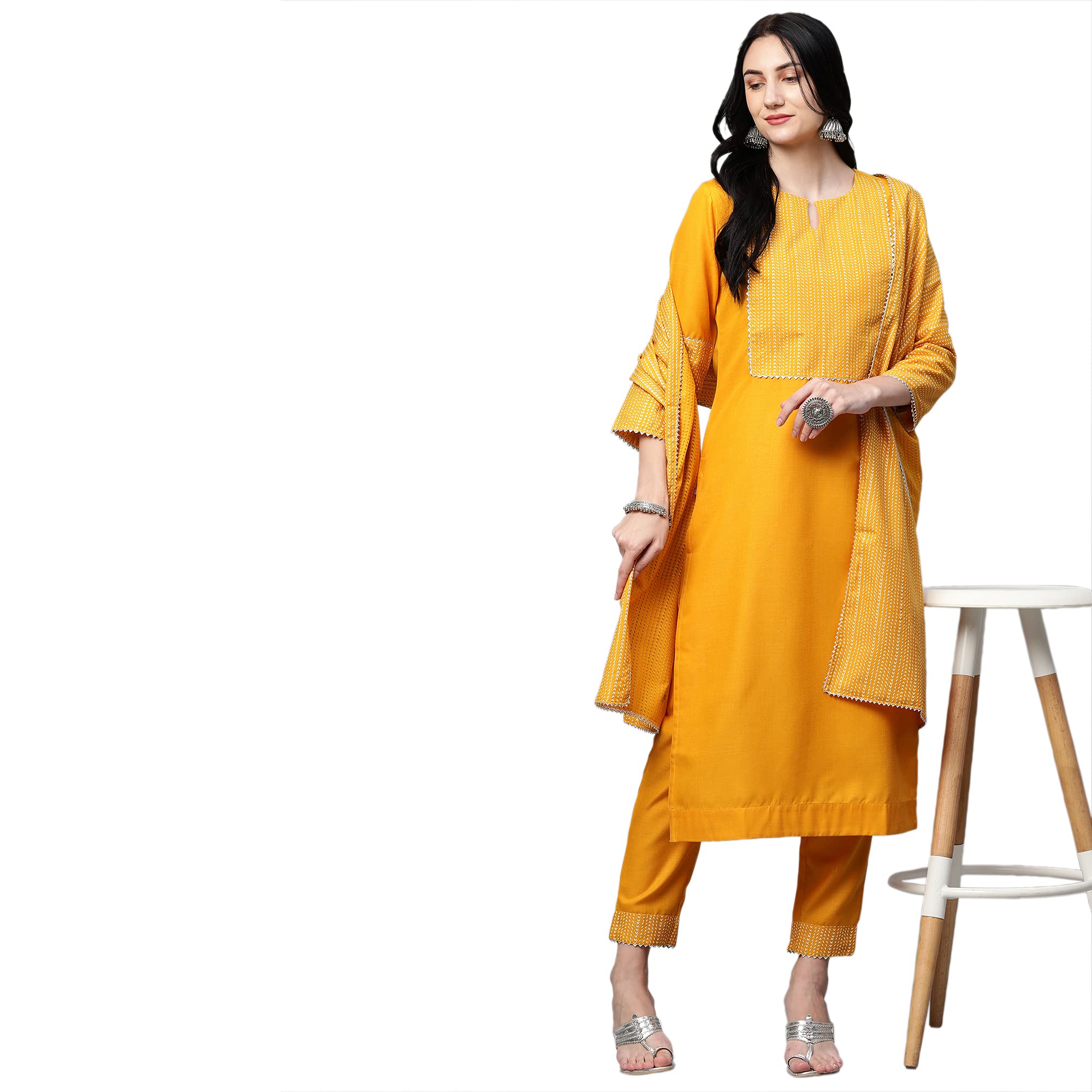 Anni Designer Women'S Cotton Kurta With Palazzo & Dupatta (Battery Yellow X-Large),Yellow,XL