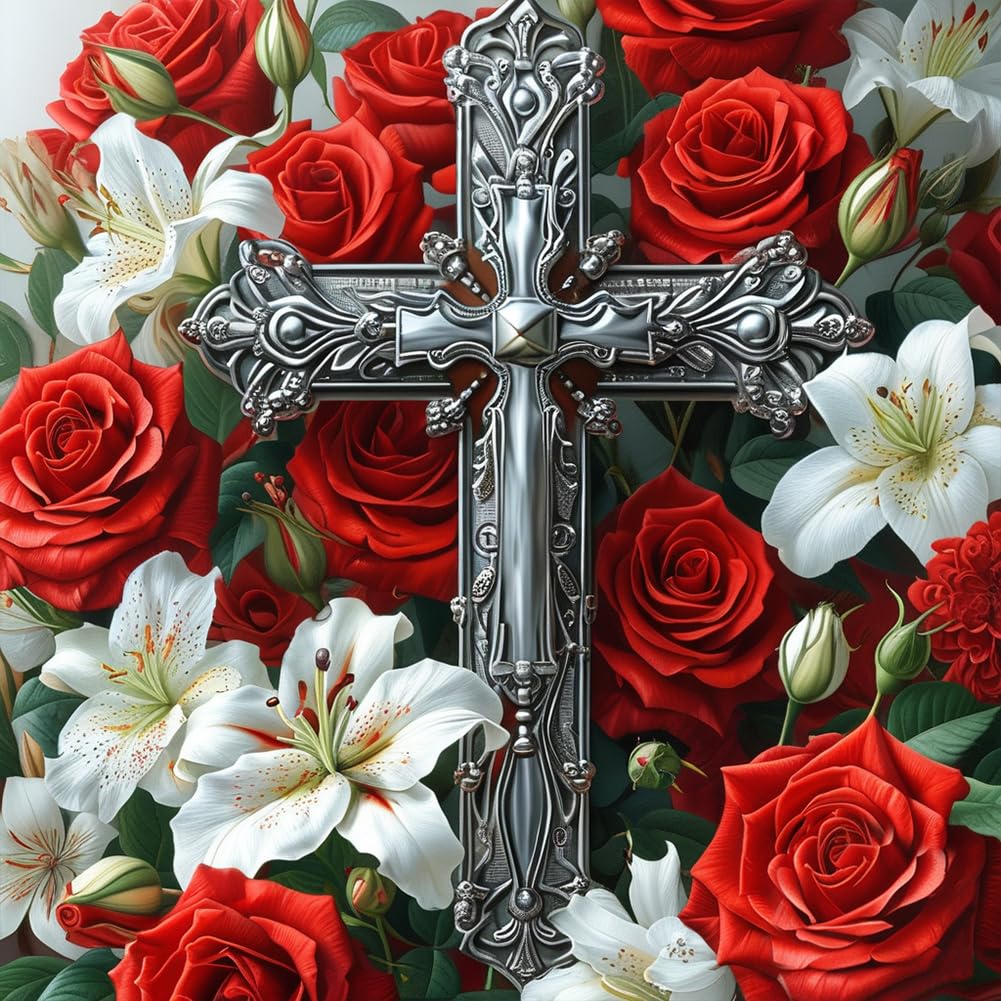 hill froeistung Cross Diamond Painting Kits for Adults,Flower Diamond Art for Beginners, 5D DIY Full Drill Round Gem Art Craft H